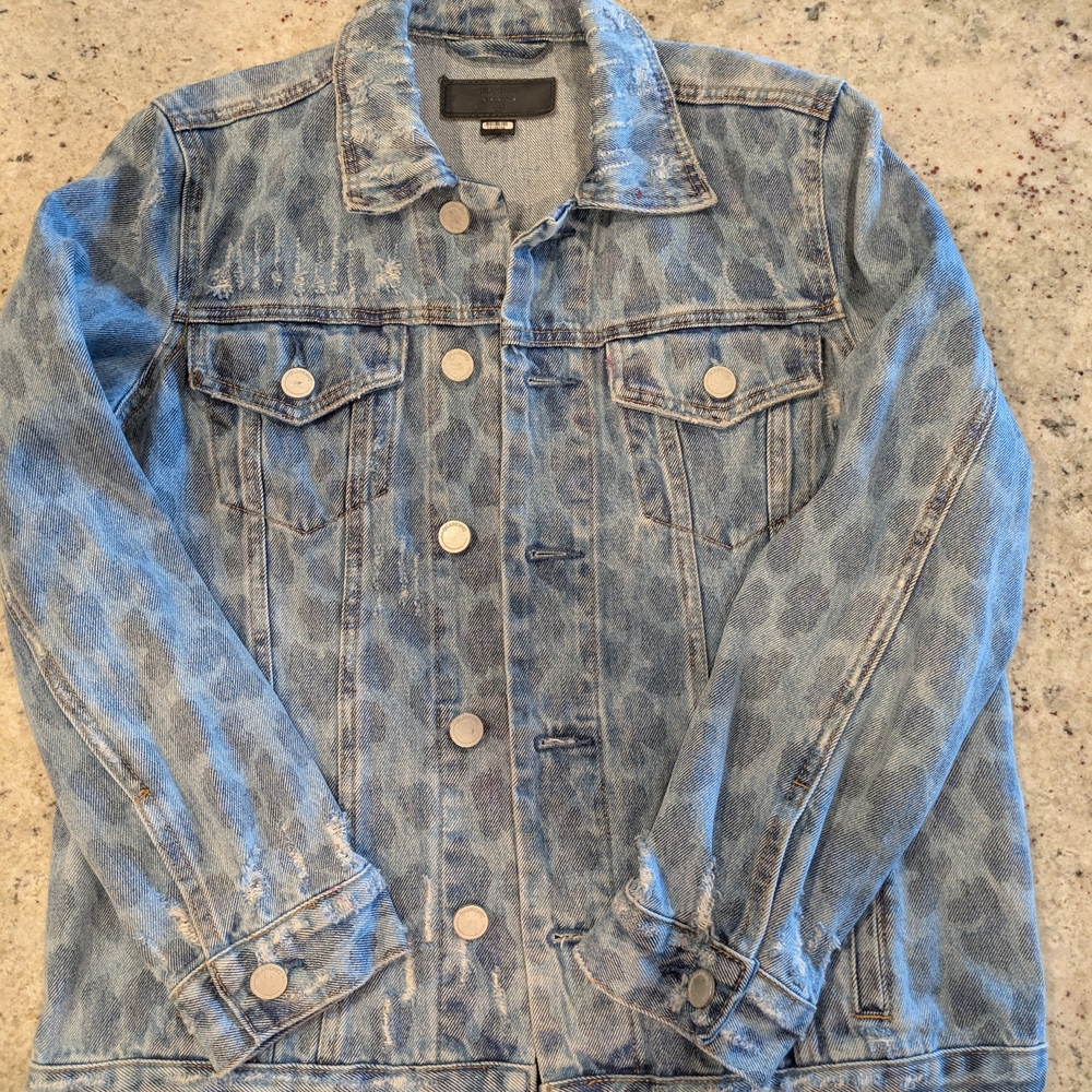 Blank NYC Animal Print Denim Jacket Leopard Wash Distressed Oversized XS